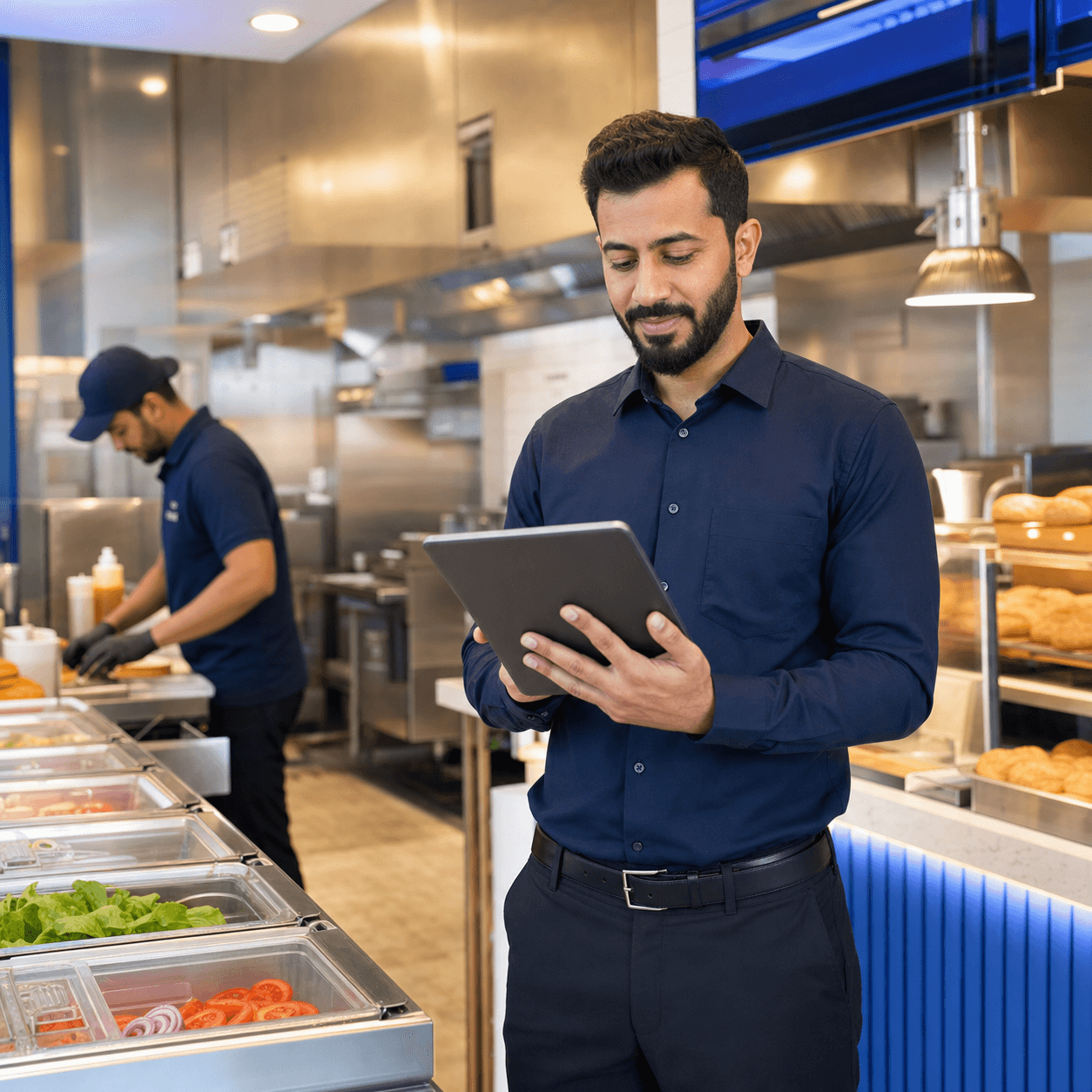 Restaurant operations manager reviewing a checklist